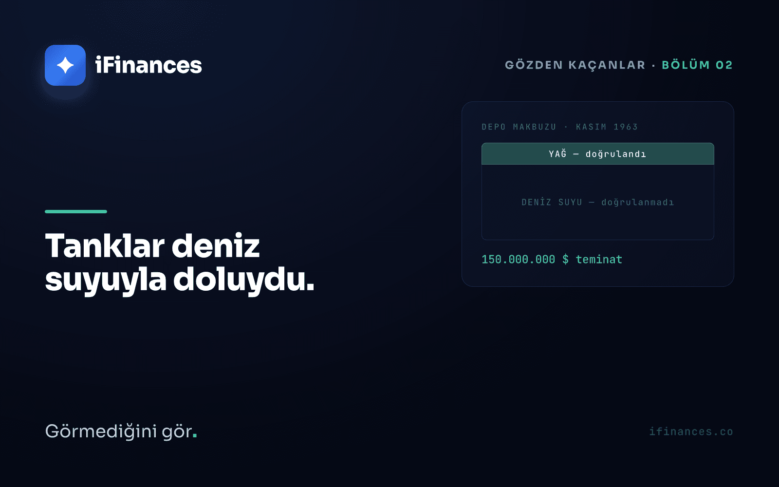 Kesitten görünen uzun bir depolama tankı: üstte yağ, doğrulanmış etiketli ince bir köpük bandı; altında deniz suyu, doğrulanmamış etiketli geniş karanlık bölge