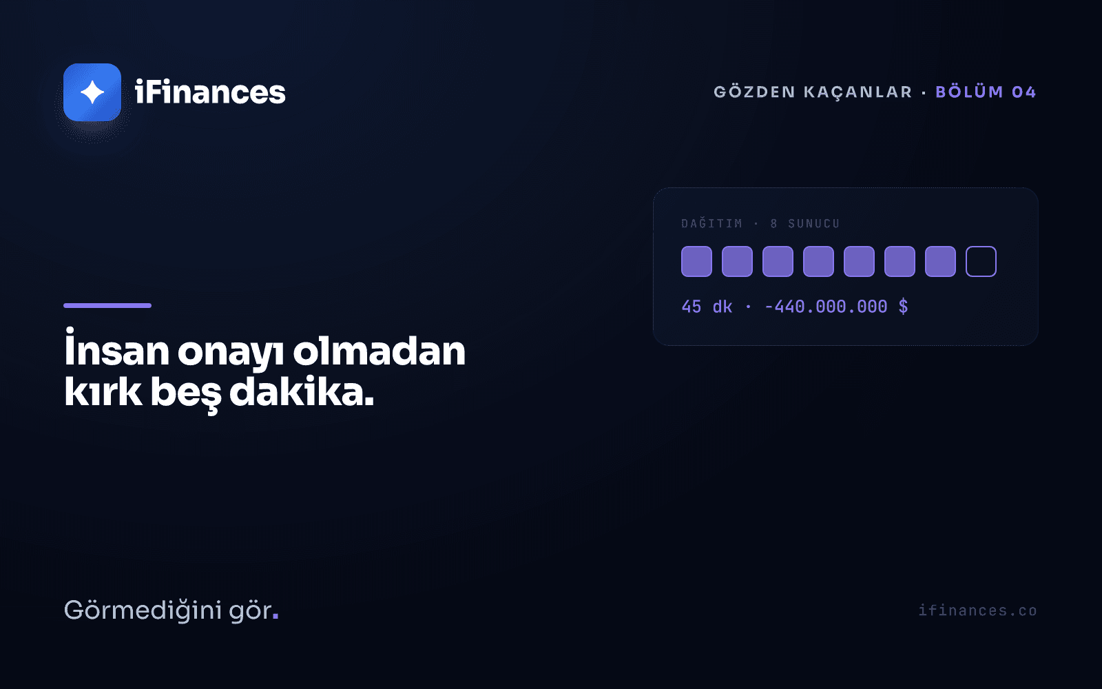 Sekiz küçük kareden oluşan bir sıra; yedisi mor dolu, biri boş; altında 45 min · 440,000,000 yazan mono altyazı