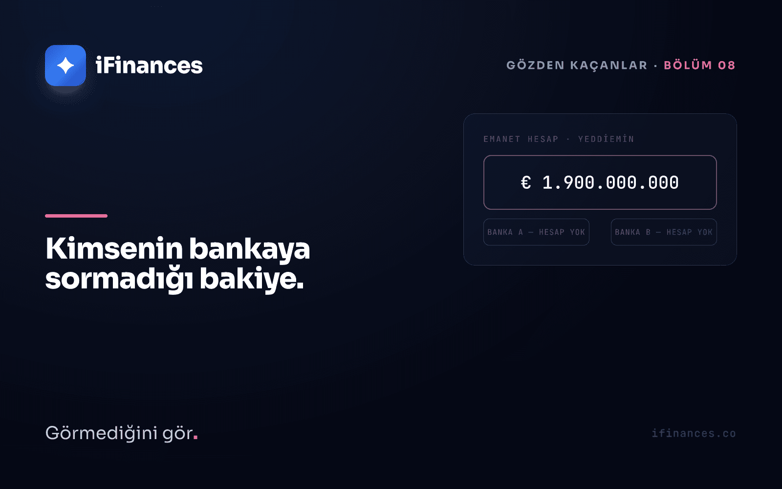 Kesik çizgili çerçeveli büyük bir cam kartın üzerinde eş aralıklı yazıyla € 1,900,000,000; altında her biri NO ACCOUNT yazan iki küçük kart