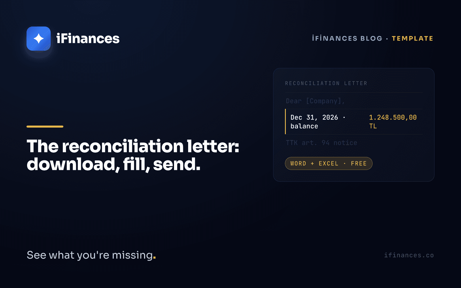 Dark navy iFinances cover — amber reconciliation letter card with TTK art. 94 note and one-month objection badge for the template download guide