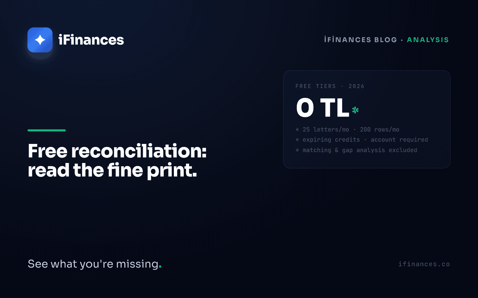 Dark navy iFinances cover — green card with a 0 TL tag and asterisked fine-print lines for the free reconciliation software analysis