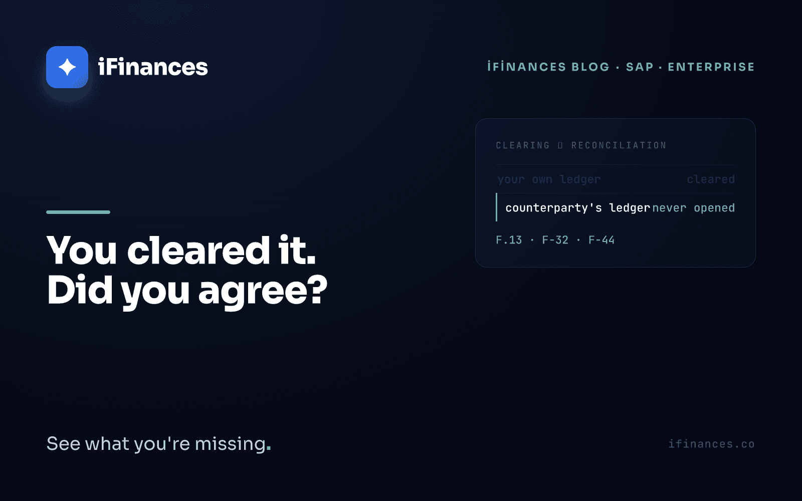 Dark navy iFinances cover — a cleared open item list on the left and a counterparty statement on the right, with a teal accent panel marking the gap between clearing and reconciliation