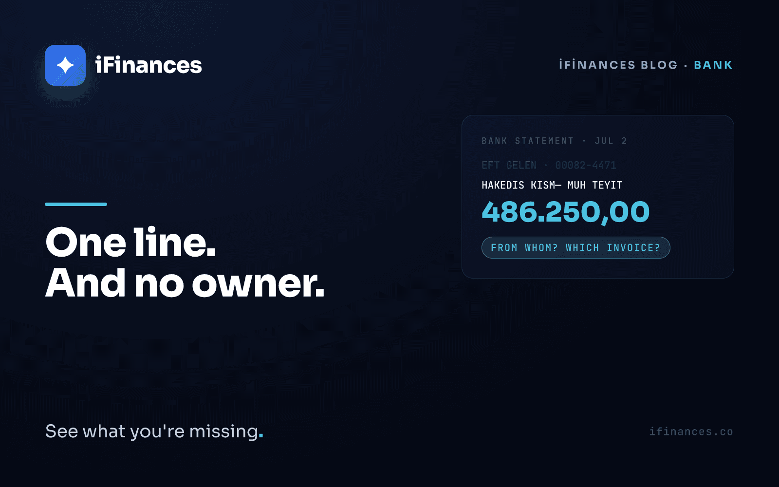 Dark navy iFinances cover with turquoise wire lines and a single unowned bank statement row