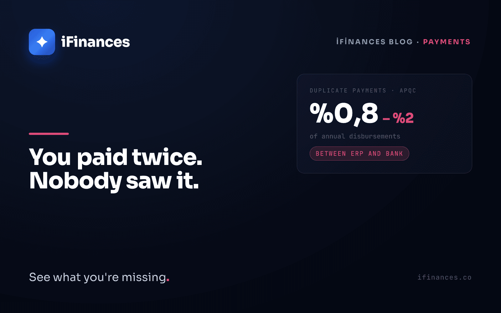 Dark iFinances cover with a pink duplicate motif — two overlapping payment lines under the headline 'You paid twice'