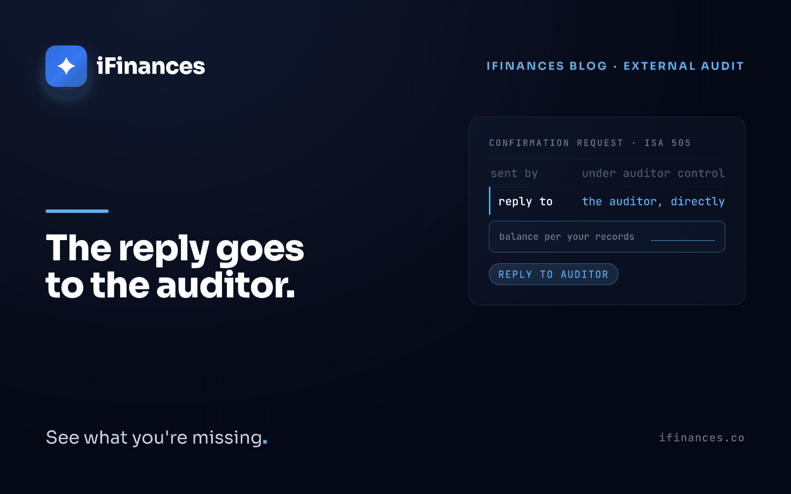 Dark navy iFinances cover card reading "The reply goes to the auditor." with a confirmation check motif, illustrating external confirmation letters under ISA 505