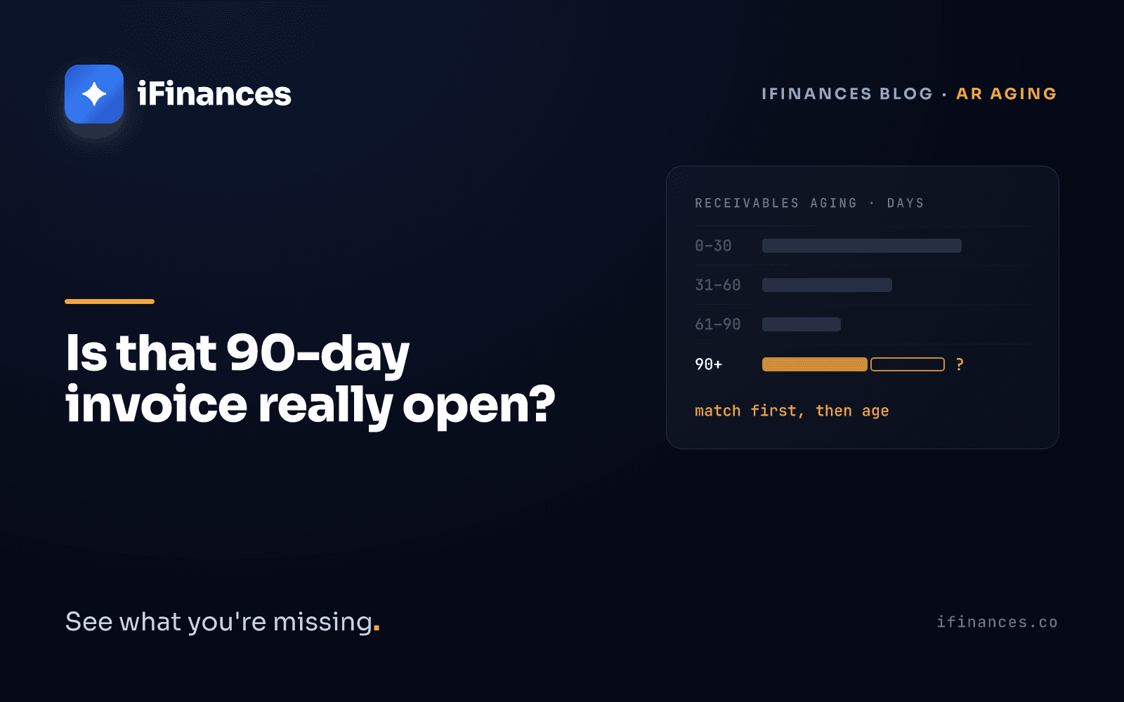 Dark navy iFinances cover card with an amber aging-bucket motif and the headline 'Is that 90-day invoice really open?'