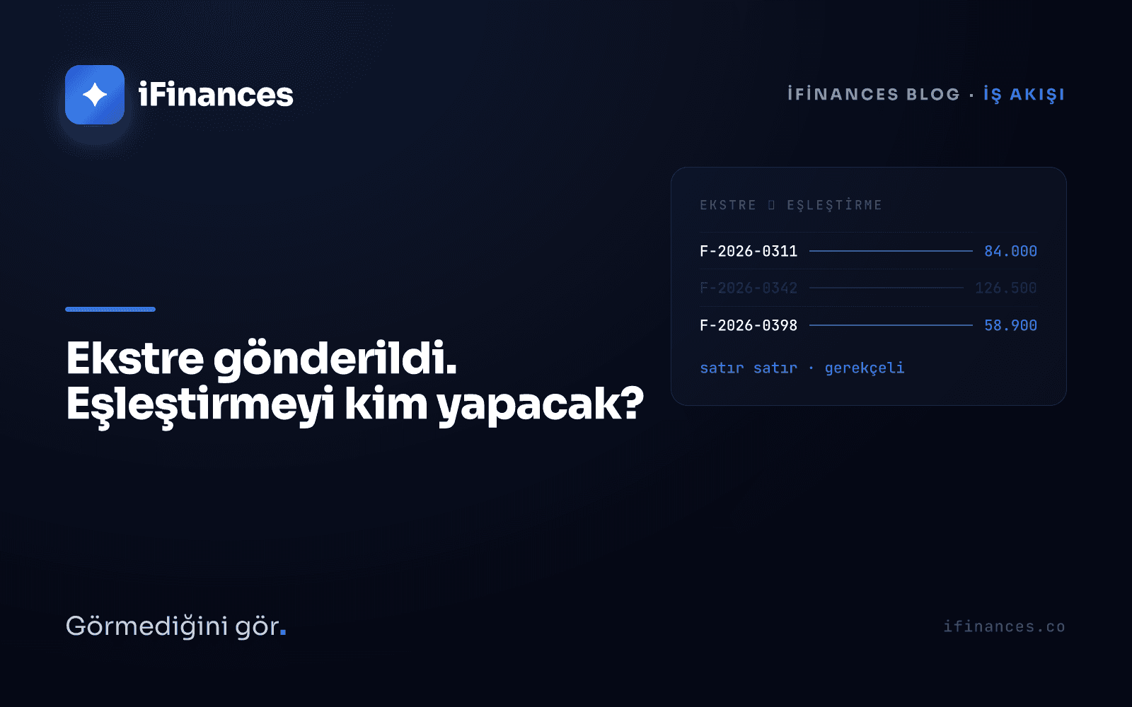 Koyu lacivert iFinances kapağı — soldan gelen ekstre satırlarının sağda eşleştirme çizgileriyle buluştuğu mavi vurgulu kart: Paraşüt ile mutabakat iş akışı yazısı