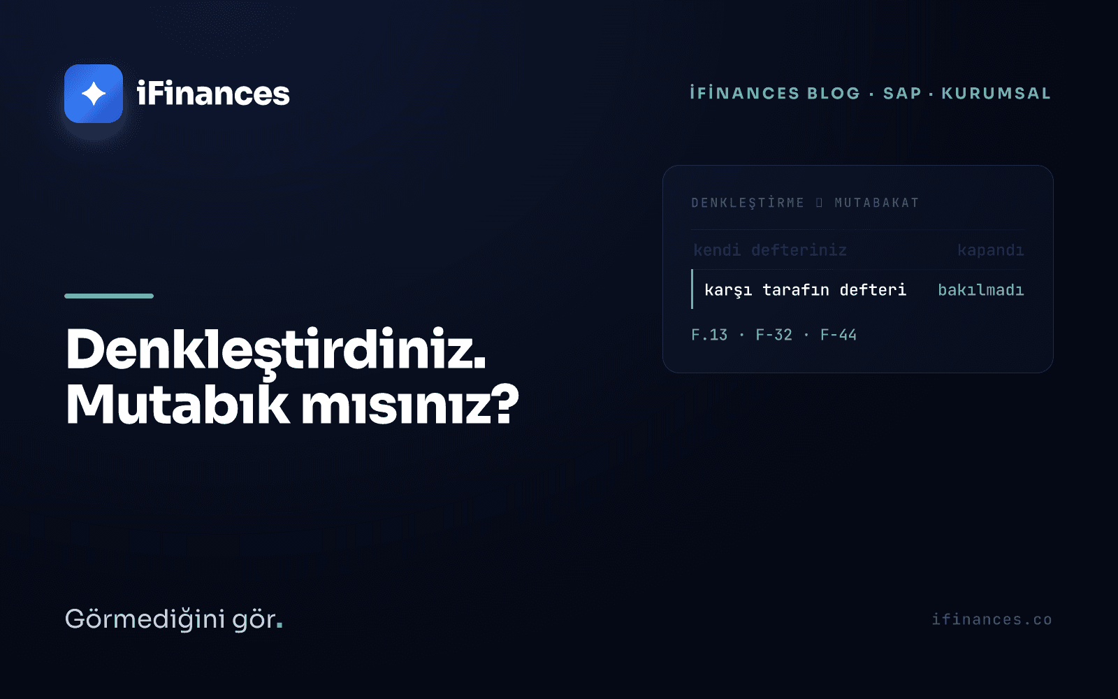 Koyu lacivert iFinances kapağı — solda kapanmış açık kalem listesi, sağda karşı tarafın ekstresi: denkleştirme ile mutabakat arasındaki farkı gösteren turkuaz vurgulu panel