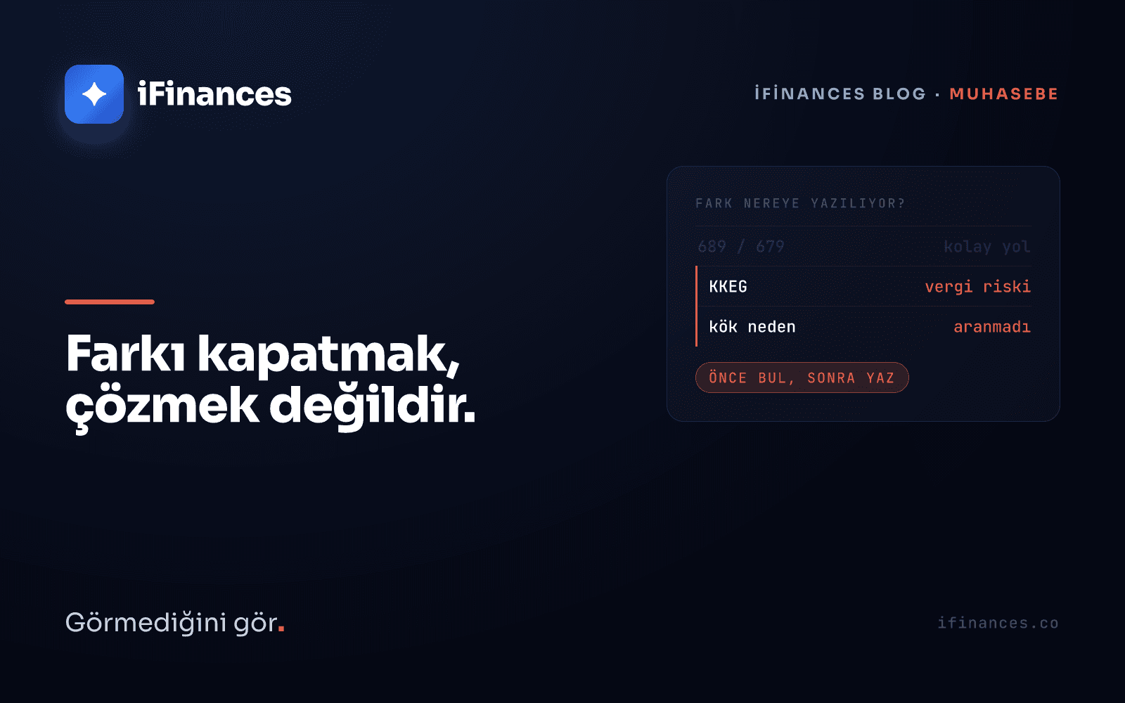 Koyu lacivert iFinances kapağı — kiremit kırmızısı vurguyla 'Farkı kapatmak, çözmek değildir' yazan mutabakat farkı kapağı