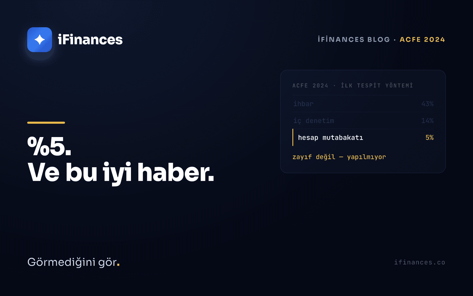Koyu zeminde sarı vurgulu iFinances kapağı — büyük "%5" rakamı ve suistimal tespit yöntemleri temalı grafik