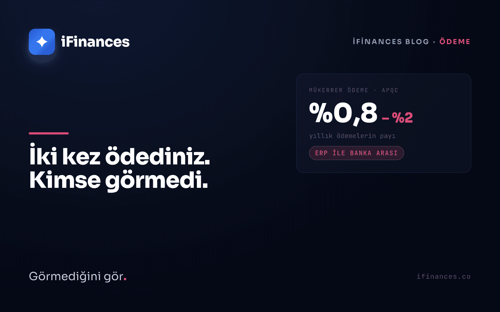 Koyu zeminli iFinances kapağı — pembe vurgulu mükerrer ödeme motifi: üst üste binmiş iki ödeme satırı ve 'İki kez ödediniz' başlığı