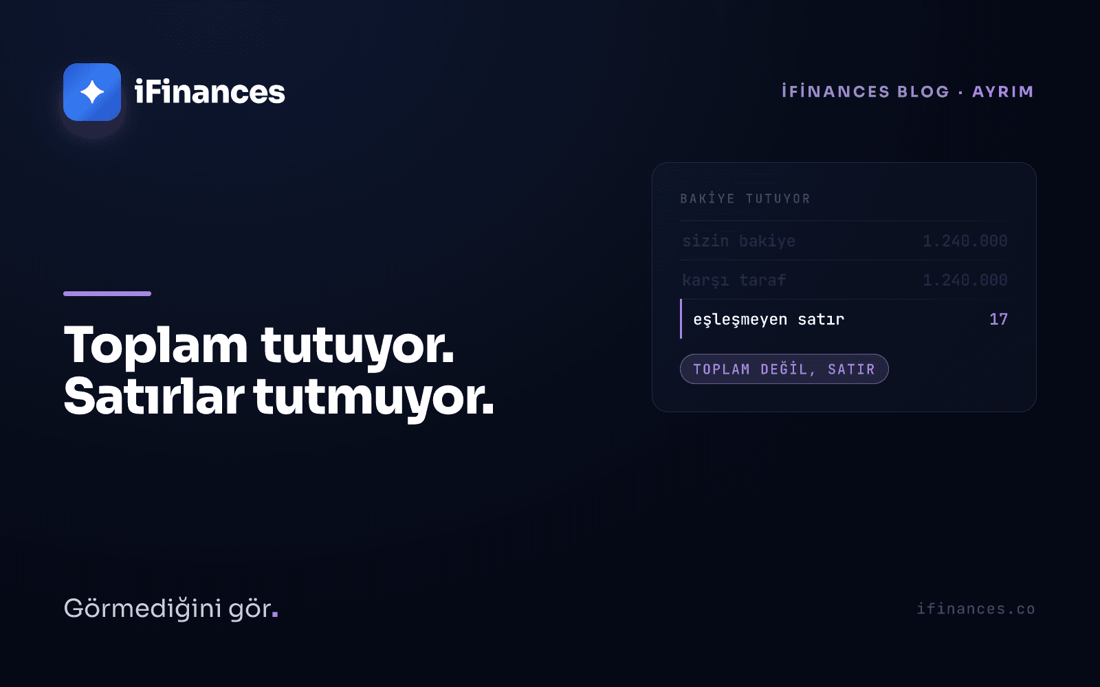 Mor vurgulu iFinances kapağı — "Toplam tutuyor, satırlar tutmuyor" ibaresiyle satır çizgileri motifli mutabakat kapağı