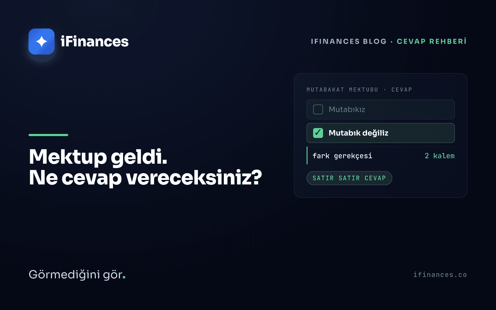 Koyu lacivert iFinances kapak kartı — yeşil vurgulu yanıt oku motifiyle "Mektup geldi. Ne cevap vereceksiniz?" yazan mutabakat mektubu cevap rehberi kapağı