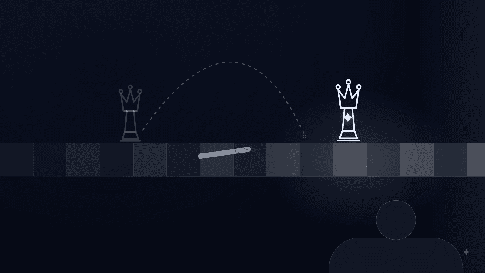 Crossing to the machine's side: a ghost queen left behind in the dark, and on our side of the table the glowing queen with the player beside it