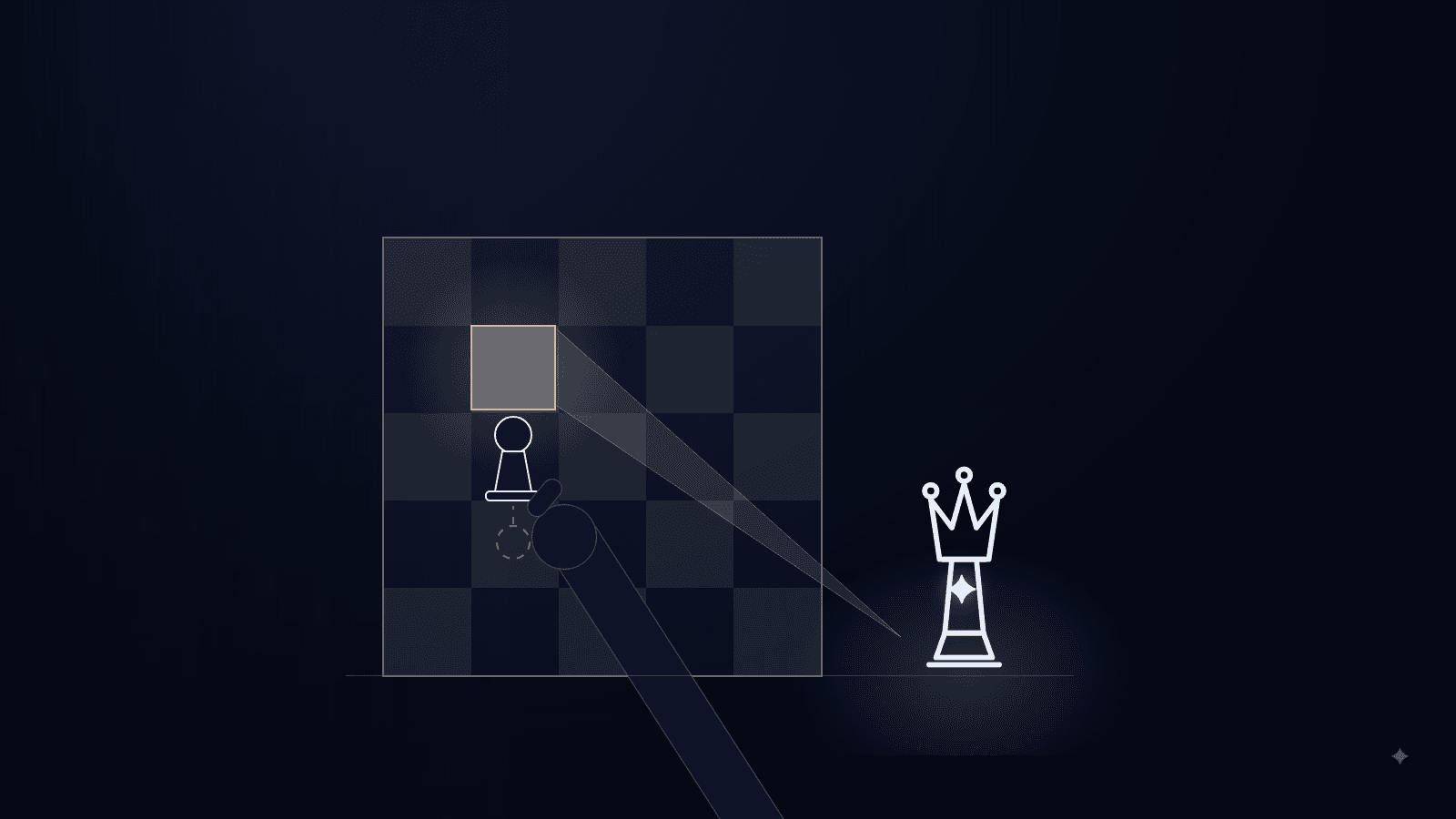 The queen lights a single square on the board; the hand moving the piece to that square is human